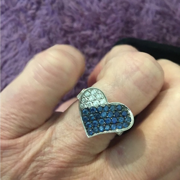 14k 585 White Gold Heart Diamond /Sapphire Ring - Picture 12 of 16